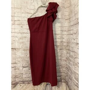 Mokoru Dress Womens XL Maroon One Shoulder Ruffle Sheath Stretch Midi Zip Up